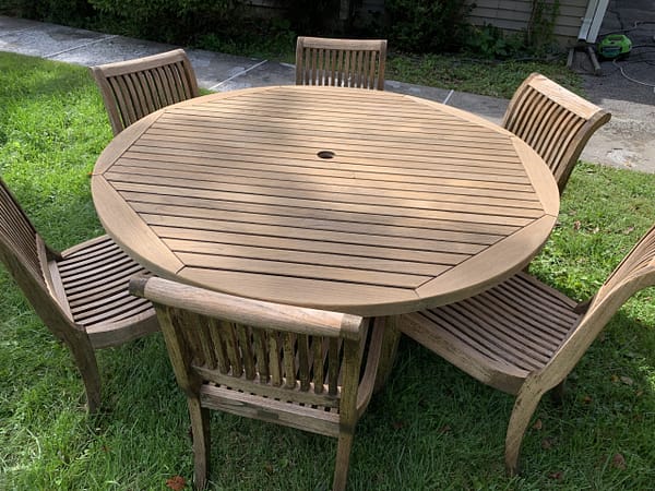 IMG_1081 Smith & Hawken 60" Round Teak Patio Dining table with 6 Chairs