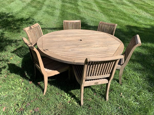 IMG_1084 Smith & Hawken 60" Round Teak Patio Dining table with 6 Chairs