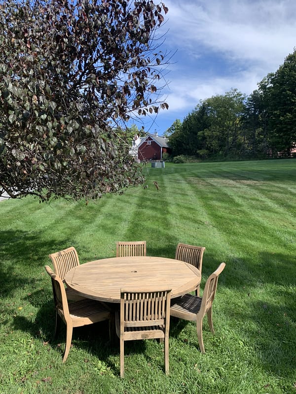 IMG_1086 Smith & Hawken 60" Round Teak Patio Dining table with 6 Chairs