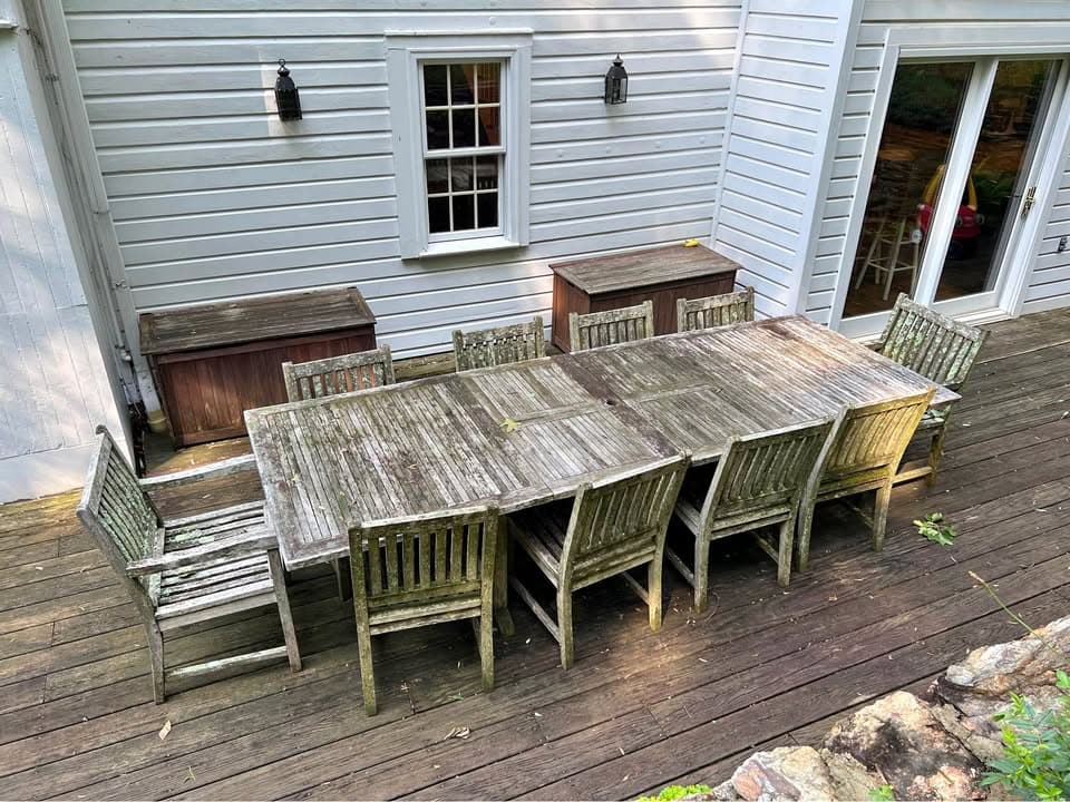 Used teak patio dining set ready for purchase by Hudson Teak